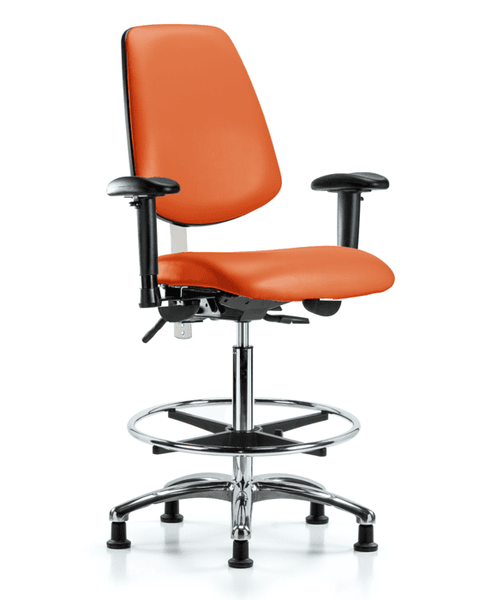 Class 100 Vinyl Clean Room Chair - High Bench Height with Medium Back, Seat Tilt, Adjustable Arms, Chrome Foot Ring, & Stationary Glides in Orange Kist Trailblazer Vinyl - NCR-VHBCH-MB-CR-T1-A1-CF-RG-8613
