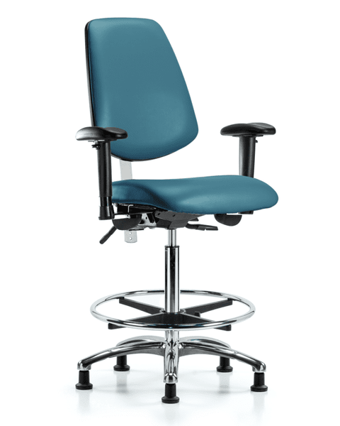 Class 100 Vinyl Clean Room Chair - High Bench Height with Medium Back, Seat Tilt, Adjustable Arms, Chrome Foot Ring, & Stationary Glides in Marine Blue Supernova Vinyl - NCR-VHBCH-MB-CR-T1-A1-CF-RG-8801