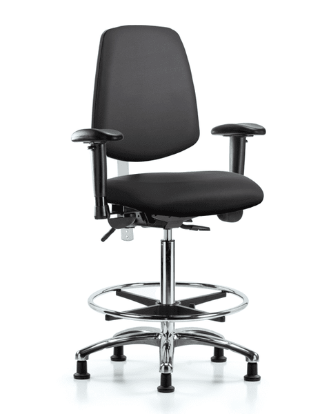 Class 100 Vinyl Clean Room Chair - High Bench Height with Medium Back, Seat Tilt, Adjustable Arms, Chrome Foot Ring, & Stationary Glides in Carbon Supernova Vinyl - NCR-VHBCH-MB-CR-T1-A1-CF-RG-8823