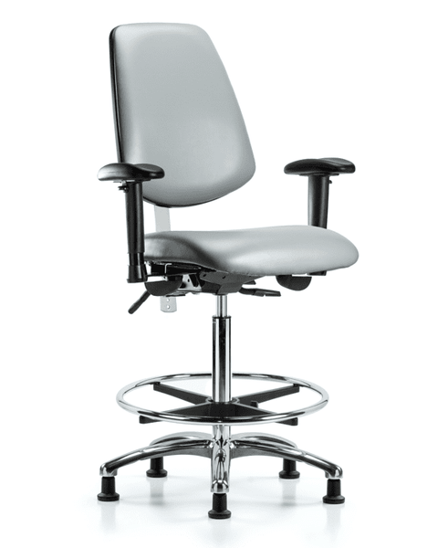 Class 100 Vinyl Clean Room Chair - High Bench Height with Medium Back, Seat Tilt, Adjustable Arms, Chrome Foot Ring, & Stationary Glides in Sterling Supernova Vinyl - NCR-VHBCH-MB-CR-T1-A1-CF-RG-8840