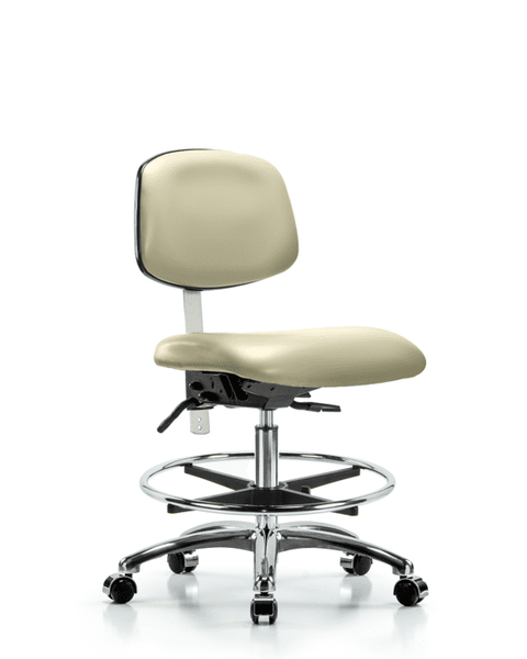 Class 100 Vinyl Clean Room Chair - Medium Bench Height with Chrome Foot Ring & Casters in Adobe White Trailblazer Vinyl - NCR-VMBCH-CR-T0-A0-CF-CC-8501