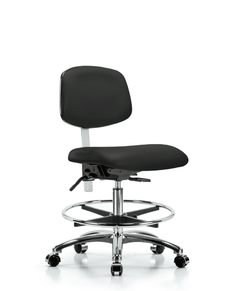 Class 100 Vinyl Clean Room Chair - Medium Bench Height with Chrome Foot Ring & Casters in Black Trailblazer Vinyl - NCR-VMBCH-CR-T0-A0-CF-CC-8540