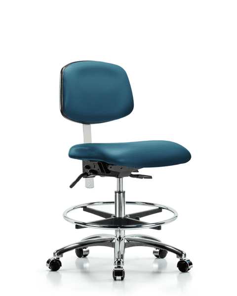 Class 100 Vinyl Clean Room Chair - Medium Bench Height with Chrome Foot Ring & Casters in Marine Blue Supernova Vinyl - NCR-VMBCH-CR-T0-A0-CF-CC-8801