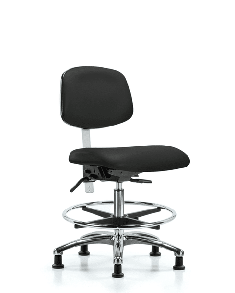 Class 100 Vinyl Clean Room Chair - Medium Bench Height with Chrome Foot Ring & Stationary Glides in Black Trailblazer Vinyl - NCR-VMBCH-CR-T0-A0-CF-RG-8540