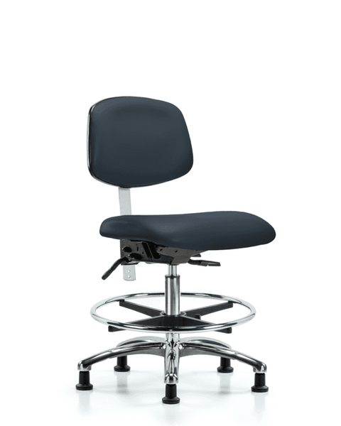 Class 100 Vinyl Clean Room Chair - Medium Bench Height with Chrome Foot Ring & Stationary Glides in Imperial Blue Trailblazer Vinyl - NCR-VMBCH-CR-T0-A0-CF-RG-8582