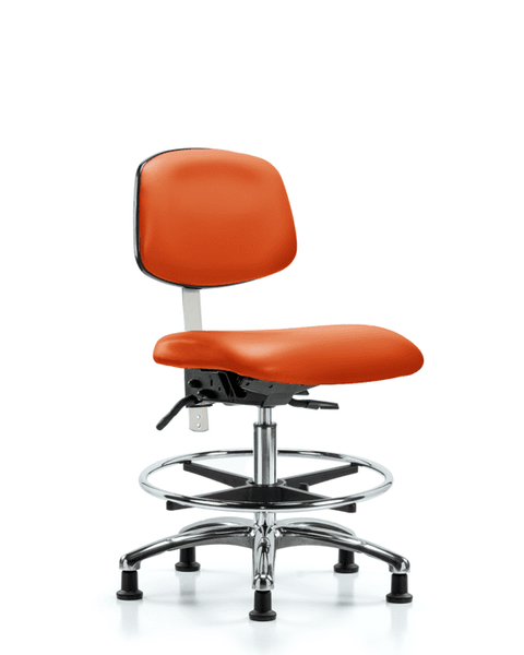 Class 100 Vinyl Clean Room Chair - Medium Bench Height with Chrome Foot Ring & Stationary Glides in Orange Kist Trailblazer Vinyl - NCR-VMBCH-CR-T0-A0-CF-RG-8613