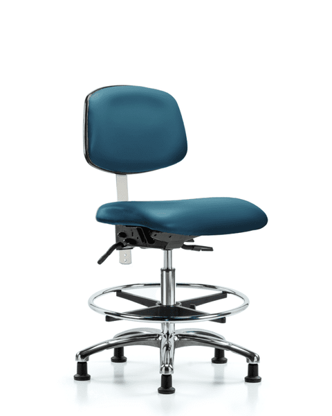 Class 100 Vinyl Clean Room Chair - Medium Bench Height with Chrome Foot Ring & Stationary Glides in Marine Blue Supernova Vinyl - NCR-VMBCH-CR-T0-A0-CF-RG-8801