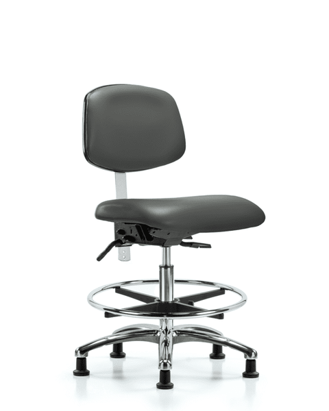 Class 100 Vinyl Clean Room Chair - Medium Bench Height with Chrome Foot Ring & Stationary Glides in Carbon Supernova Vinyl - NCR-VMBCH-CR-T0-A0-CF-RG-8823