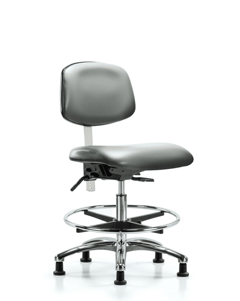 Class 100 Vinyl Clean Room Chair - Medium Bench Height with Chrome Foot Ring & Stationary Glides in Sterling Supernova Vinyl - NCR-VMBCH-CR-T0-A0-CF-RG-8840
