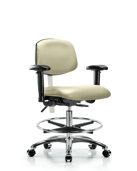 Class 100 Vinyl Clean Room Chair - Medium Bench Height with Adjustable Arms, Chrome Foot Ring, & Casters in Adobe White Trailblazer Vinyl - NCR-VMBCH-CR-T0-A1-CF-CC-8501