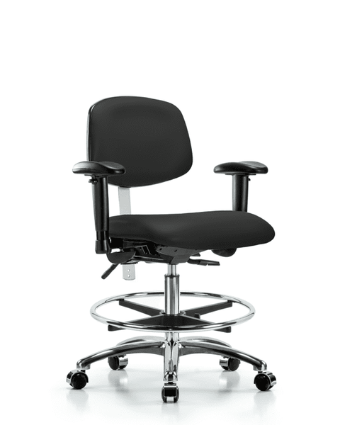 Class 100 Vinyl Clean Room Chair - Medium Bench Height with Adjustable Arms, Chrome Foot Ring, & Casters in Black Trailblazer Vinyl - NCR-VMBCH-CR-T0-A1-CF-CC-8540