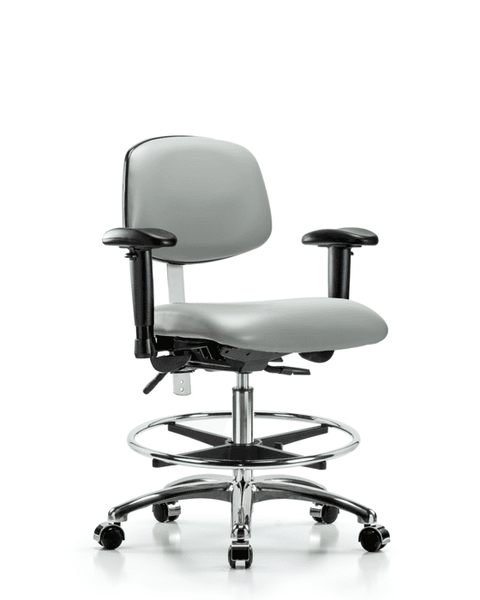 Class 100 Vinyl Clean Room Chair - Medium Bench Height with Adjustable Arms, Chrome Foot Ring, & Casters in Dove Trailblazer Vinyl - NCR-VMBCH-CR-T0-A1-CF-CC-8567