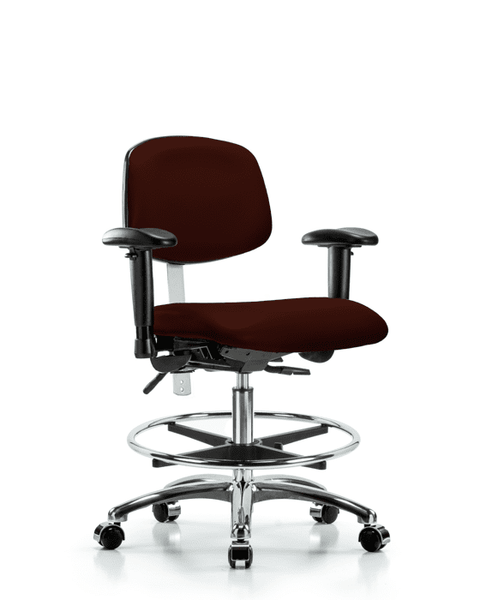 Class 100 Vinyl Clean Room Chair - Medium Bench Height with Adjustable Arms, Chrome Foot Ring, & Casters in Burgundy Trailblazer Vinyl - NCR-VMBCH-CR-T0-A1-CF-CC-8569