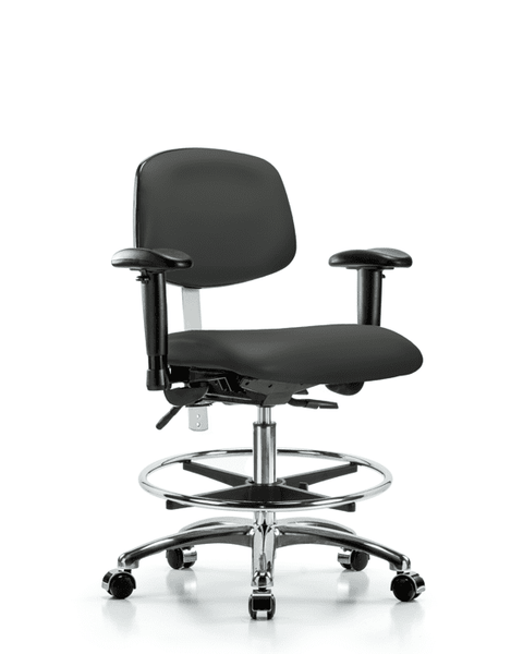 Class 100 Vinyl Clean Room Chair - Medium Bench Height with Adjustable Arms, Chrome Foot Ring, & Casters in Charcoal Trailblazer Vinyl - NCR-VMBCH-CR-T0-A1-CF-CC-8605