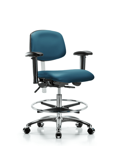 Class 100 Vinyl Clean Room Chair - Medium Bench Height with Adjustable Arms, Chrome Foot Ring, & Casters in Marine Blue Supernova Vinyl - NCR-VMBCH-CR-T0-A1-CF-CC-8801