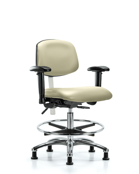 Class 100 Vinyl Clean Room Chair - Medium Bench Height with Adjustable Arms, Chrome Foot Ring, & Stationary Glides in Adobe White Trailblazer Vinyl - NCR-VMBCH-CR-T0-A1-CF-RG-8501