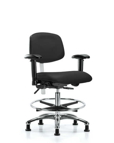 Class 100 Vinyl Clean Room Chair - Medium Bench Height with Adjustable Arms, Chrome Foot Ring, & Stationary Glides in Black Trailblazer Vinyl - NCR-VMBCH-CR-T0-A1-CF-RG-8540