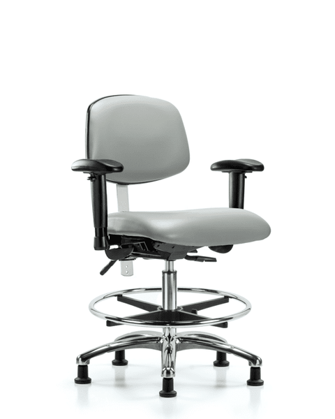 Class 100 Vinyl Clean Room Chair - Medium Bench Height with Adjustable Arms, Chrome Foot Ring, & Stationary Glides in Dove Trailblazer Vinyl - NCR-VMBCH-CR-T0-A1-CF-RG-8567
