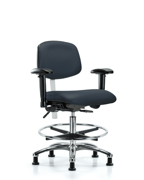 Class 100 Vinyl Clean Room Chair - Medium Bench Height with Adjustable Arms, Chrome Foot Ring, & Stationary Glides in Imperial Blue Trailblazer Vinyl - NCR-VMBCH-CR-T0-A1-CF-RG-8582