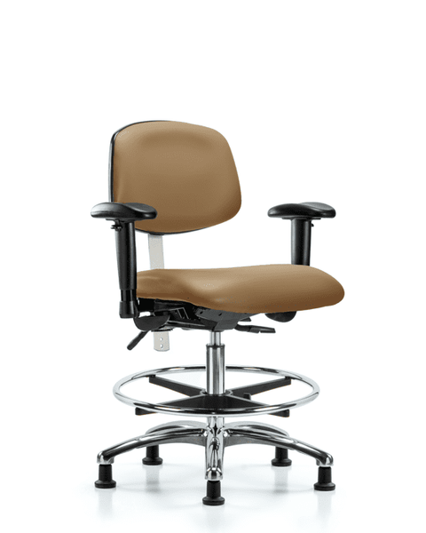 Class 100 Vinyl Clean Room Chair - Medium Bench Height with Adjustable Arms, Chrome Foot Ring, & Stationary Glides in Taupe Trailblazer Vinyl - NCR-VMBCH-CR-T0-A1-CF-RG-8584