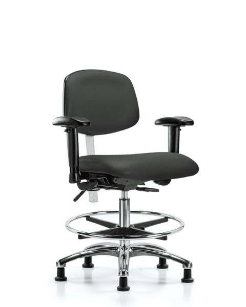 Class 100 Vinyl Clean Room Chair - Medium Bench Height with Adjustable Arms, Chrome Foot Ring, & Stationary Glides in Charcoal Trailblazer Vinyl - NCR-VMBCH-CR-T0-A1-CF-RG-8605
