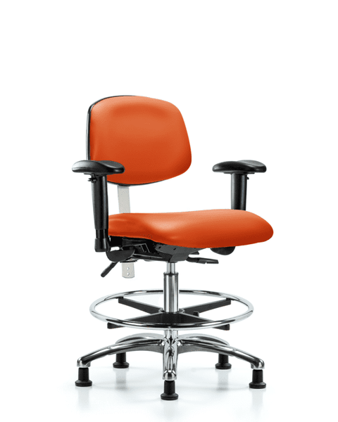 Class 100 Vinyl Clean Room Chair - Medium Bench Height with Adjustable Arms, Chrome Foot Ring, & Stationary Glides in Orange Kist Trailblazer Vinyl - NCR-VMBCH-CR-T0-A1-CF-RG-8613