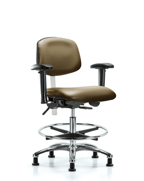 Class 100 Vinyl Clean Room Chair - Medium Bench Height with Adjustable Arms, Chrome Foot Ring, & Stationary Glides in Taupe Supernova Vinyl - NCR-VMBCH-CR-T0-A1-CF-RG-8809