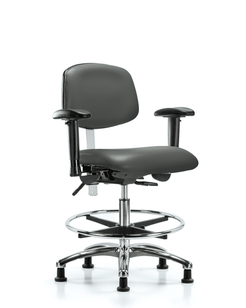 Class 100 Vinyl Clean Room Chair - Medium Bench Height with Adjustable Arms, Chrome Foot Ring, & Stationary Glides in Carbon Supernova Vinyl - NCR-VMBCH-CR-T0-A1-CF-RG-8823