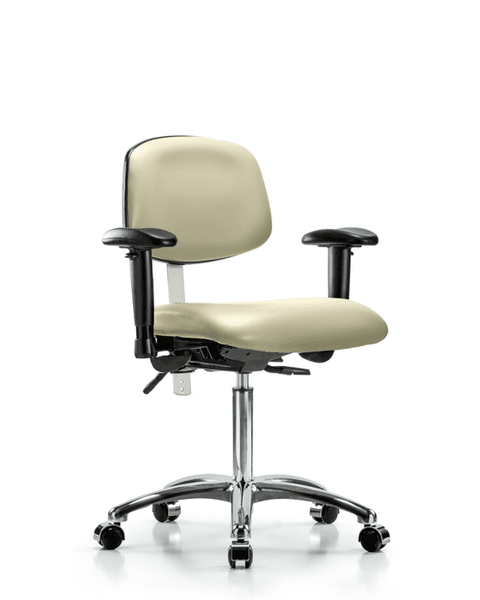 Class 100 Vinyl Clean Room Chair - Medium Bench Height with Adjustable Arms & Casters in Adobe White Trailblazer Vinyl - NCR-VMBCH-CR-T0-A1-NF-CC-8501