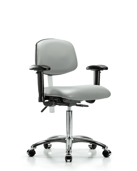 Class 100 Vinyl Clean Room Chair - Medium Bench Height with Adjustable Arms & Casters in Dove Trailblazer Vinyl - NCR-VMBCH-CR-T0-A1-NF-CC-8567