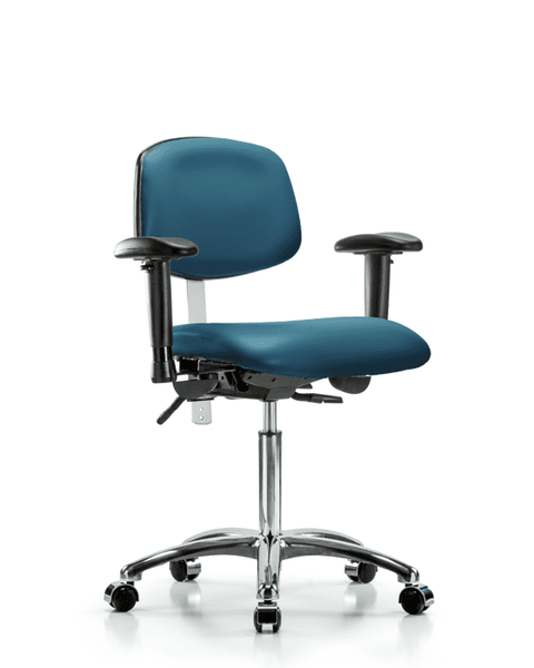 Class 100 Vinyl Clean Room Chair - Medium Bench Height with Adjustable Arms & Casters in Marine Blue Supernova Vinyl - NCR-VMBCH-CR-T0-A1-NF-CC-8801