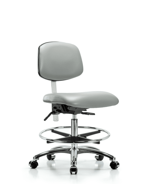 Class 100 Vinyl Clean Room Chair - Medium Bench Height with Seat Tilt, Chrome Foot Ring, & Casters in Dove Trailblazer Vinyl - NCR-VMBCH-CR-T1-A0-CF-CC-8567