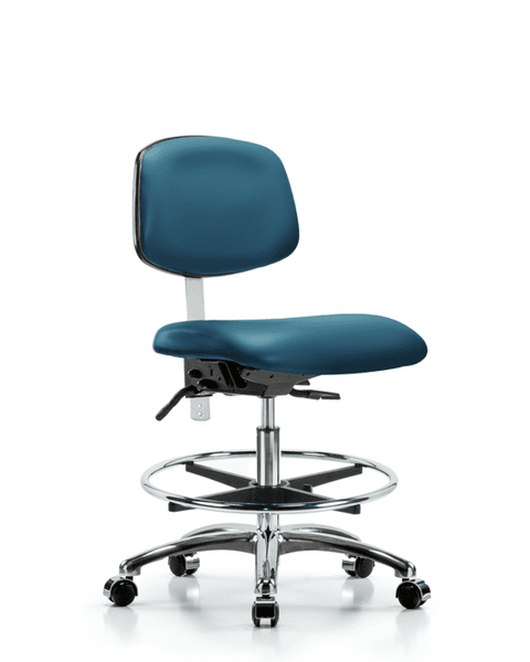 Class 100 Vinyl Clean Room Chair - Medium Bench Height with Seat Tilt, Chrome Foot Ring, & Casters in Marine Blue Supernova Vinyl - NCR-VMBCH-CR-T1-A0-CF-CC-8801