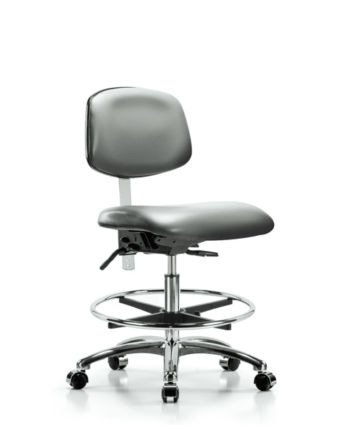 Class 100 Vinyl Clean Room Chair - Medium Bench Height with Seat Tilt, Chrome Foot Ring, & Casters in Sterling Supernova Vinyl - NCR-VMBCH-CR-T1-A0-CF-CC-8840