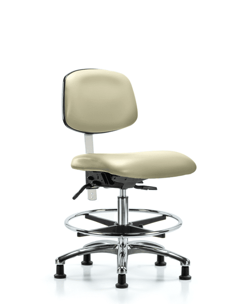 Class 100 Vinyl Clean Room Chair - Medium Bench Height with Seat Tilt, Chrome Foot Ring, & Stationary Glides in Adobe White Trailblazer Vinyl - NCR-VMBCH-CR-T1-A0-CF-RG-8501