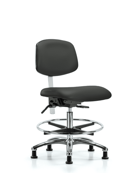 Class 100 Vinyl Clean Room Chair - Medium Bench Height with Seat Tilt, Chrome Foot Ring, & Stationary Glides in Charcoal Trailblazer Vinyl - NCR-VMBCH-CR-T1-A0-CF-RG-8605