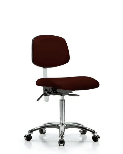 Class 100 Vinyl Clean Room Chair - Medium Bench Height with Seat Tilt & Casters in Burgundy Trailblazer Vinyl - NCR-VMBCH-CR-T1-A0-NF-CC-8569