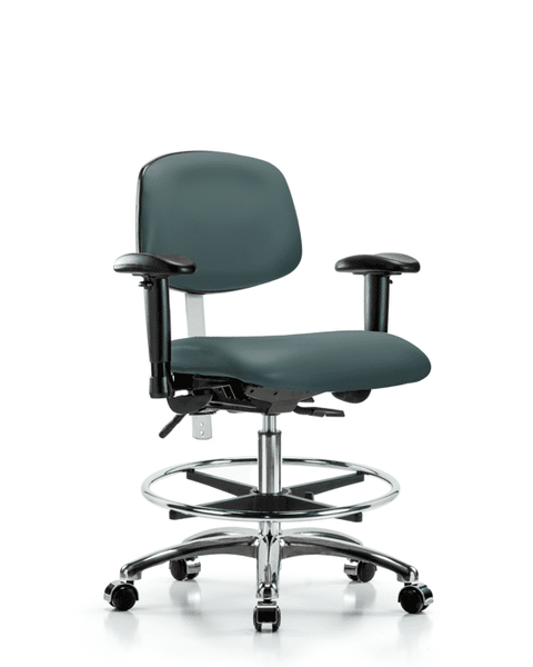 Class 100 Vinyl Clean Room Chair - Medium Bench Height with Seat Tilt, Adjustable Arms, Chrome Foot Ring, & Casters in Colonial Blue Trailblazer Vinyl - NCR-VMBCH-CR-T1-A1-CF-CC-8546