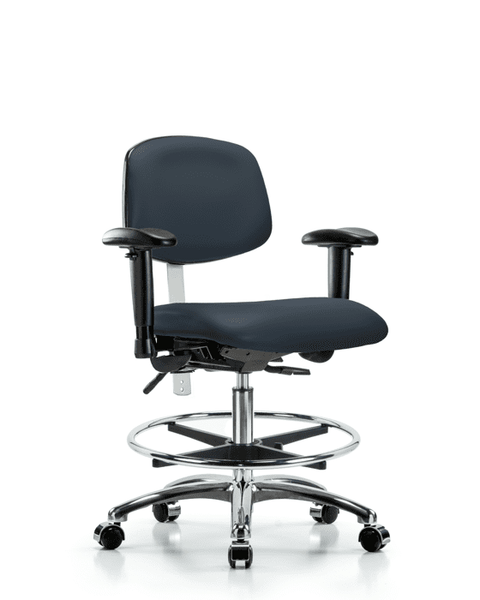 Class 100 Vinyl Clean Room Chair - Medium Bench Height with Seat Tilt, Adjustable Arms, Chrome Foot Ring, & Casters in Imperial Blue Trailblazer Vinyl - NCR-VMBCH-CR-T1-A1-CF-CC-8582