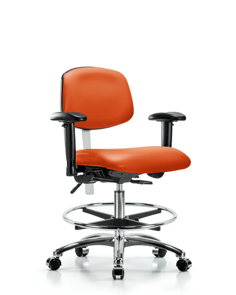Class 100 Vinyl Clean Room Chair - Medium Bench Height with Seat Tilt, Adjustable Arms, Chrome Foot Ring, & Casters in Orange Kist Trailblazer Vinyl - NCR-VMBCH-CR-T1-A1-CF-CC-8613
