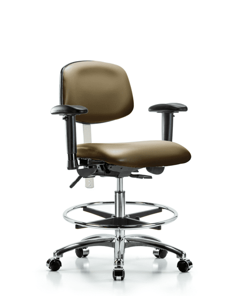Class 100 Vinyl Clean Room Chair - Medium Bench Height with Seat Tilt, Adjustable Arms, Chrome Foot Ring, & Casters in Taupe Supernova Vinyl - NCR-VMBCH-CR-T1-A1-CF-CC-8809