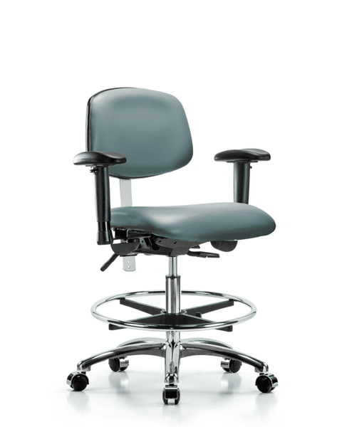 Class 100 Vinyl Clean Room Chair - Medium Bench Height with Seat Tilt, Adjustable Arms, Chrome Foot Ring, & Casters in Storm Supernova Vinyl - NCR-VMBCH-CR-T1-A1-CF-CC-8822