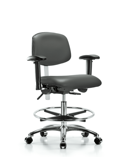 Class 100 Vinyl Clean Room Chair - Medium Bench Height with Seat Tilt, Adjustable Arms, Chrome Foot Ring, & Casters in Carbon Supernova Vinyl - NCR-VMBCH-CR-T1-A1-CF-CC-8823