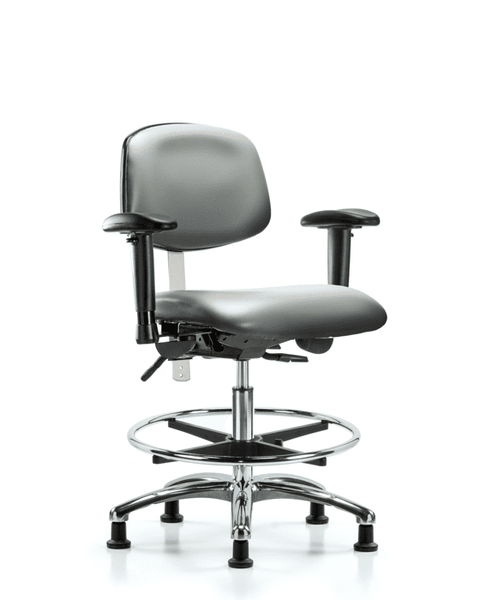 Class 100 Vinyl Clean Room Chair - Medium Bench Height with Seat Tilt, Adjustable Arms, Chrome Foot Ring, & Stationary Glides in Sterling Supernova Vinyl - NCR-VMBCH-CR-T1-A1-CF-RG-8840