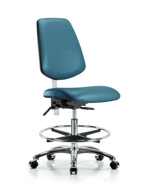 Class 100 Vinyl Clean Room Chair - Medium Bench Height with Medium Back, Chrome Foot Ring, & Casters in Marine Blue Supernova Vinyl - NCR-VMBCH-MB-CR-T0-A0-CF-CC-8801
