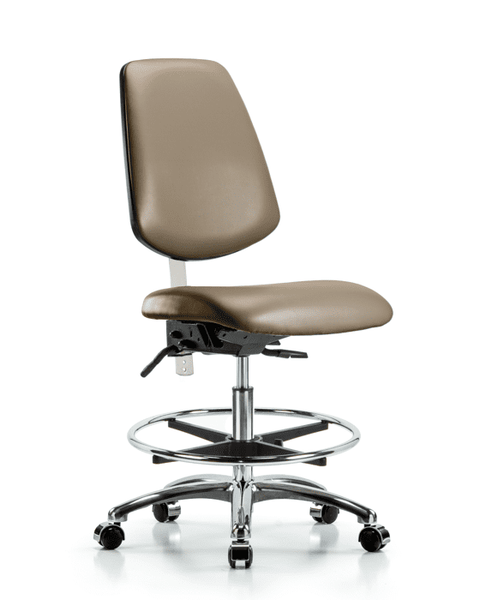Class 100 Vinyl Clean Room Chair - Medium Bench Height with Medium Back, Chrome Foot Ring, & Casters in Taupe Supernova Vinyl - NCR-VMBCH-MB-CR-T0-A0-CF-CC-8809