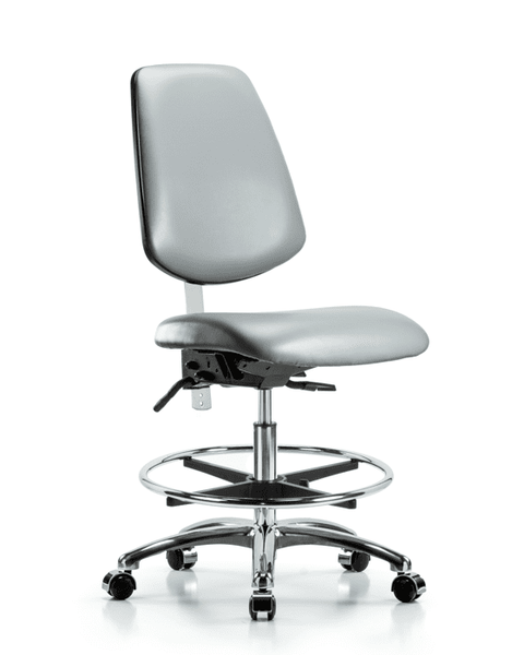 Class 100 Vinyl Clean Room Chair - Medium Bench Height with Medium Back, Chrome Foot Ring, & Casters in Sterling Supernova Vinyl - NCR-VMBCH-MB-CR-T0-A0-CF-CC-8840