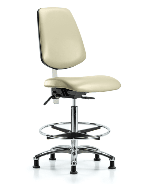 Class 100 Vinyl Clean Room Chair - Medium Bench Height with Medium Back, Chrome Foot Ring, & Stationary Glides in Adobe White Trailblazer Vinyl - NCR-VMBCH-MB-CR-T0-A0-CF-RG-8501
