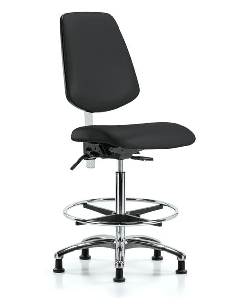 Class 100 Vinyl Clean Room Chair - Medium Bench Height with Medium Back, Chrome Foot Ring, & Stationary Glides in Black Trailblazer Vinyl - NCR-VMBCH-MB-CR-T0-A0-CF-RG-8540