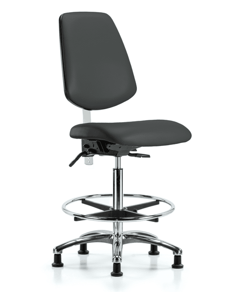 Class 100 Vinyl Clean Room Chair - Medium Bench Height with Medium Back, Chrome Foot Ring, & Stationary Glides in Charcoal Trailblazer Vinyl - NCR-VMBCH-MB-CR-T0-A0-CF-RG-8605
